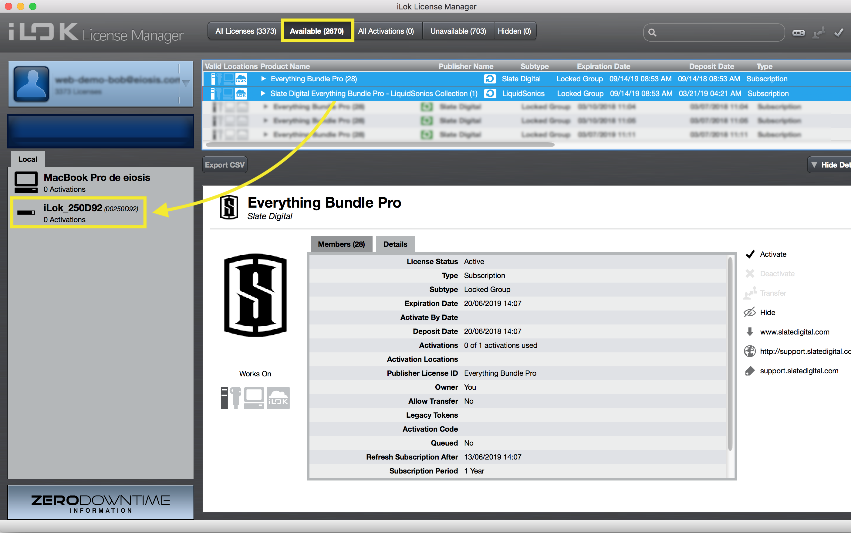 iLok License Manager - Available tab