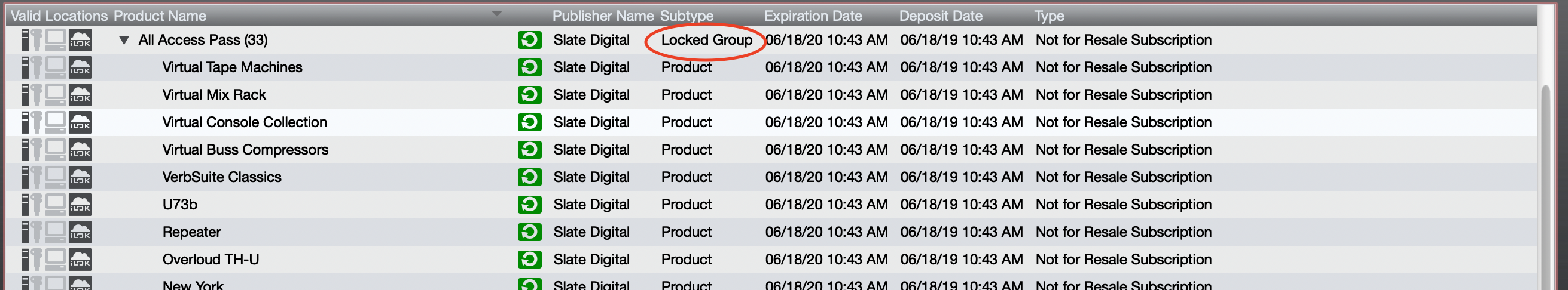 Locked Group in iLok License Manager