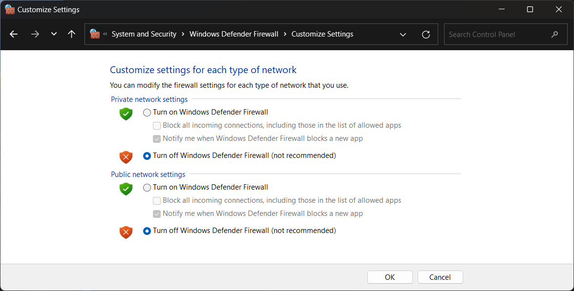 Windows Defender settings