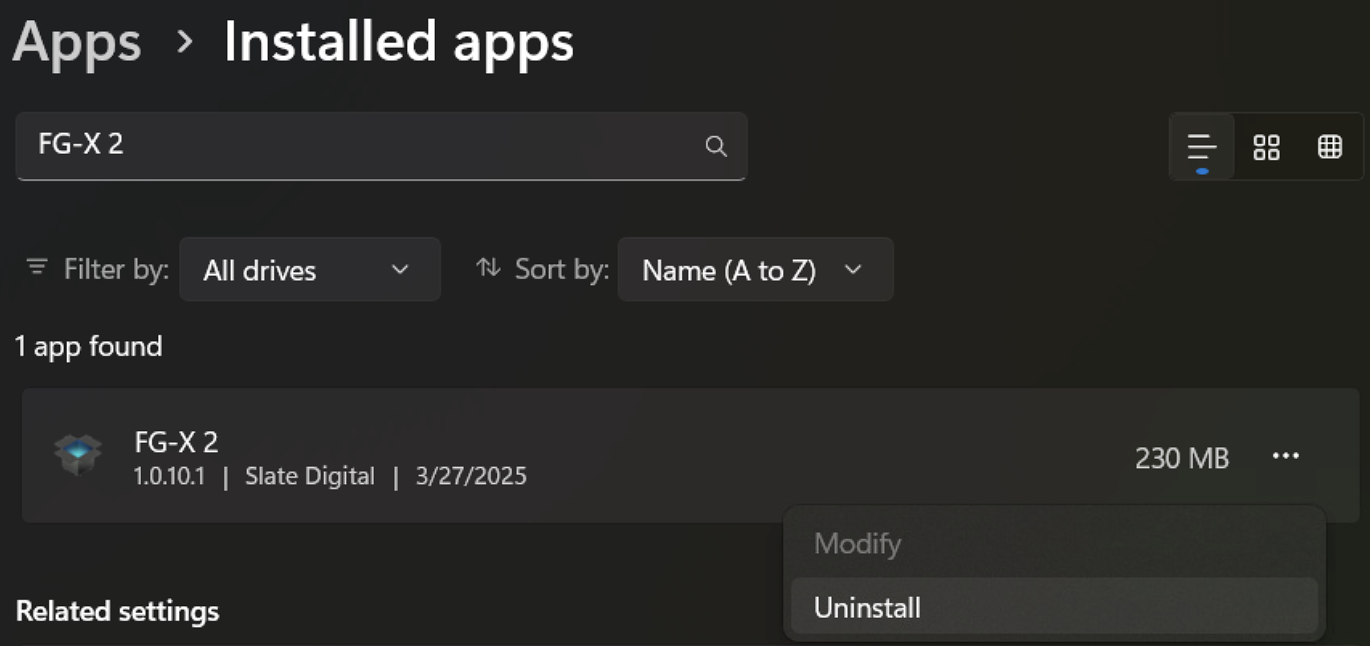 FG-X 2 Uninstall Screenshot