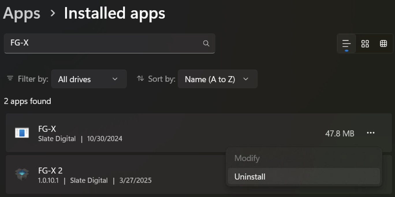 FG-X Uninstall Screenshot