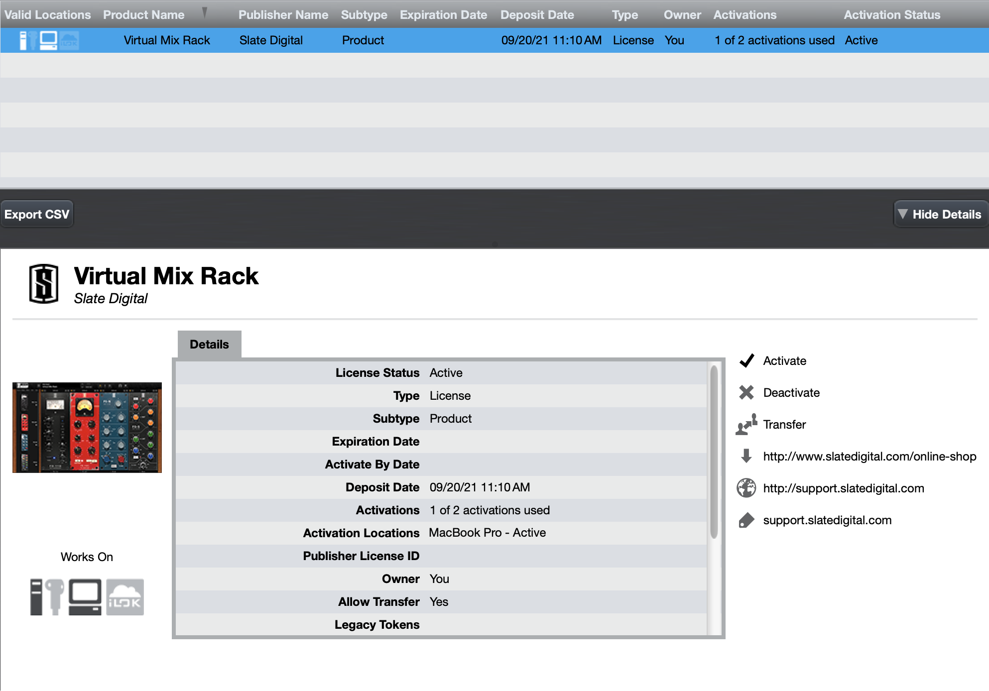 iLok License Manager showing VMR license