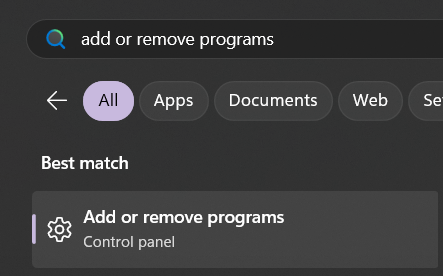 Add or Remove Programs Search Screenshot